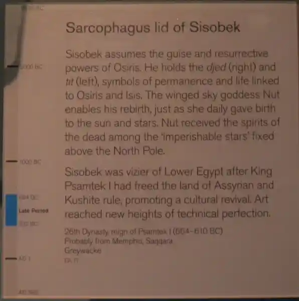 A djed, tit, and a solar disc on the sarcophagus lid of Sisobe